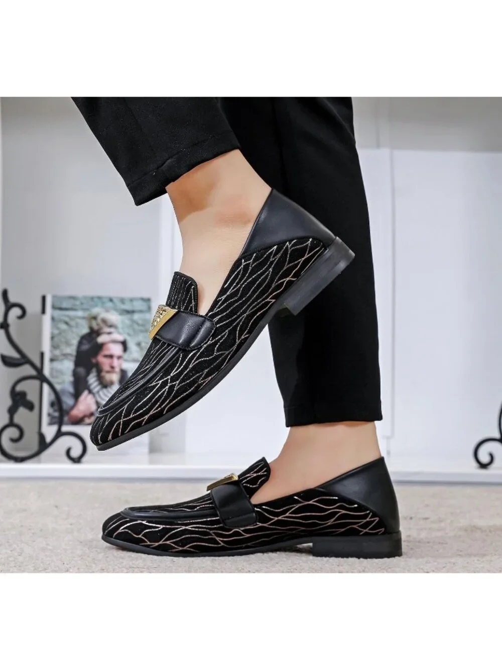 FQEQNQG Men's Black Velvet Loafers Metal Buckle Shiny Slip On Classic Shoes